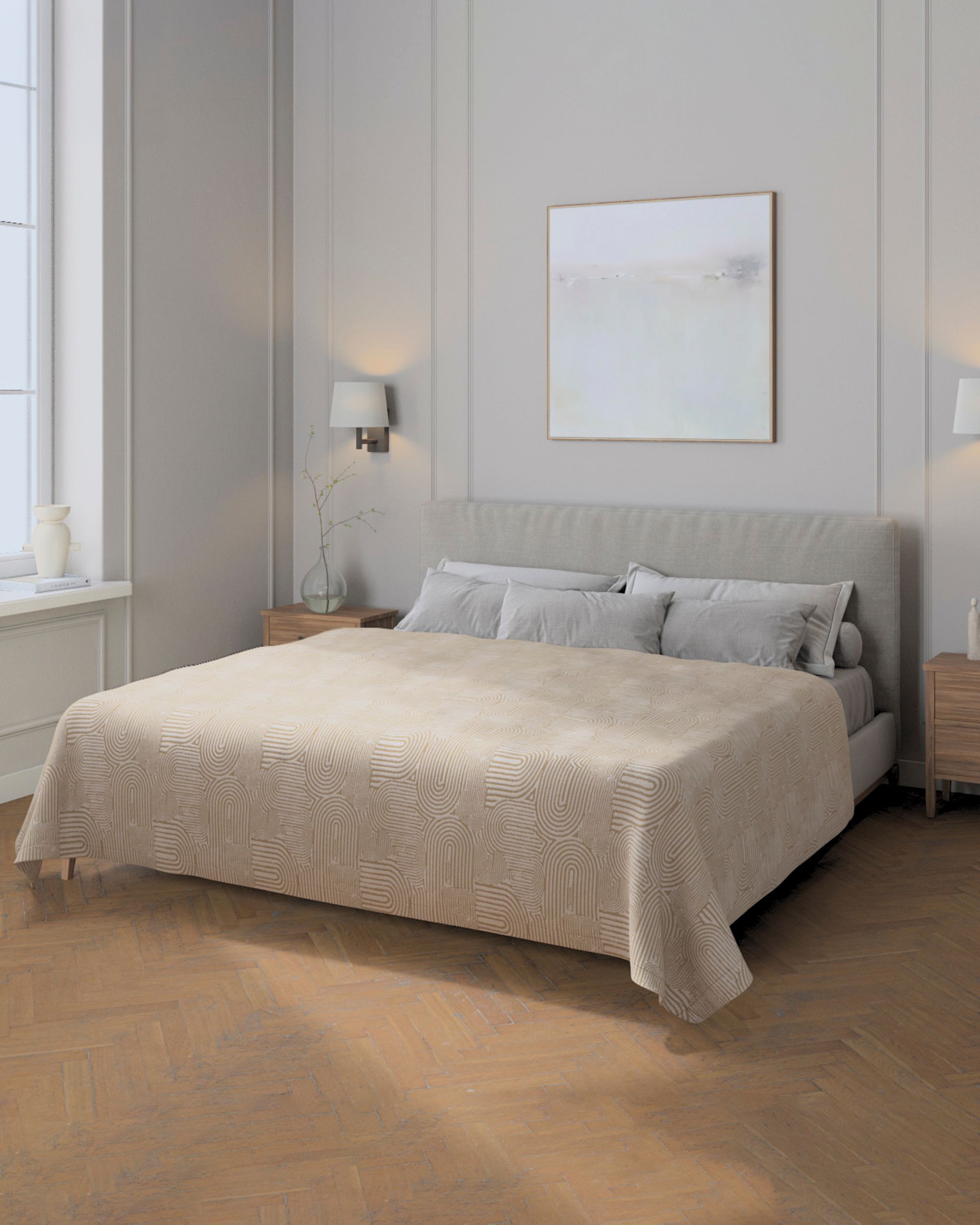 Sprei 220x260cm kleur product beige stof met structuur, met patroon