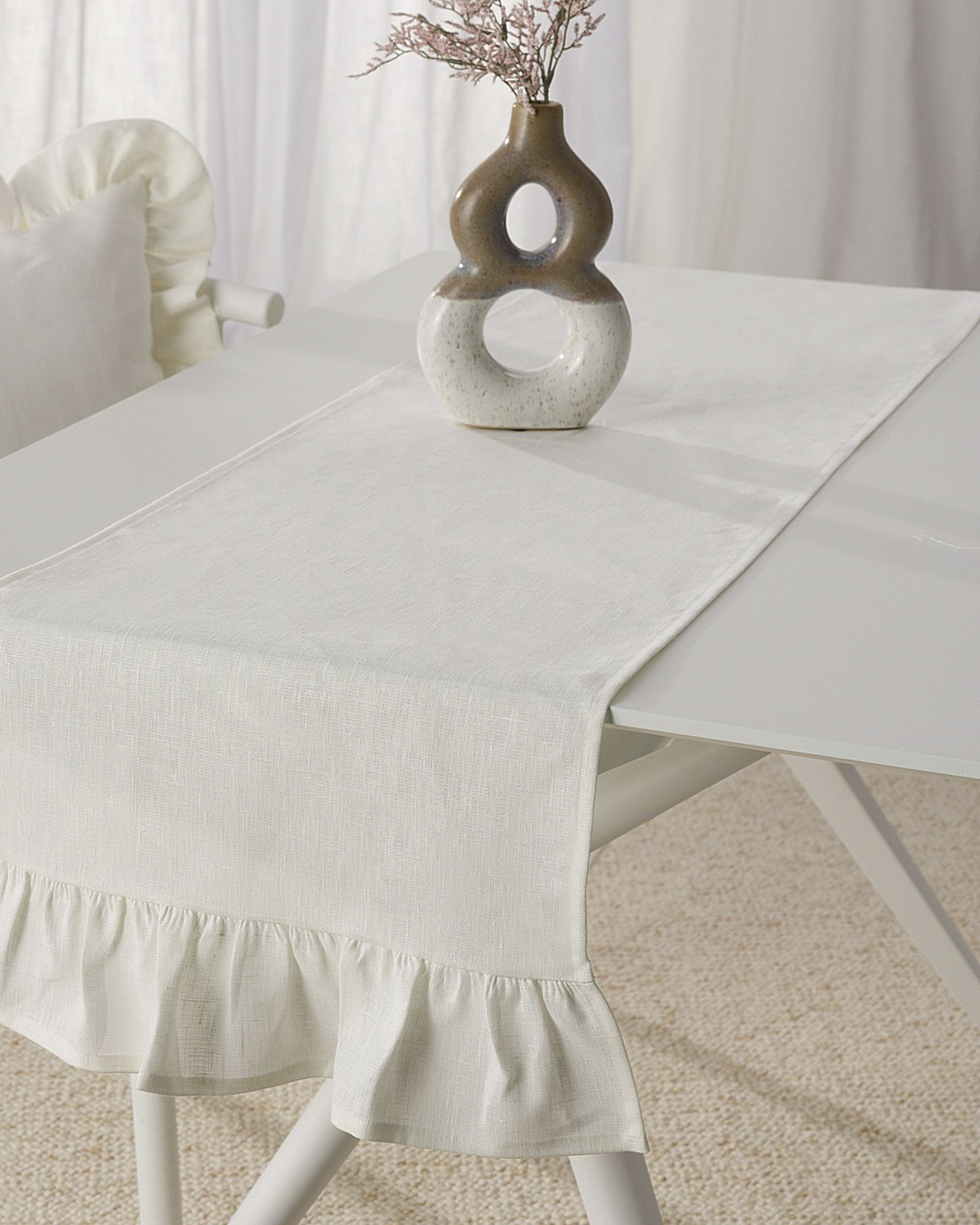 Tafelloper met ruches 40x160 cm kleur product wit stof halftransparant, met structuur, linnen