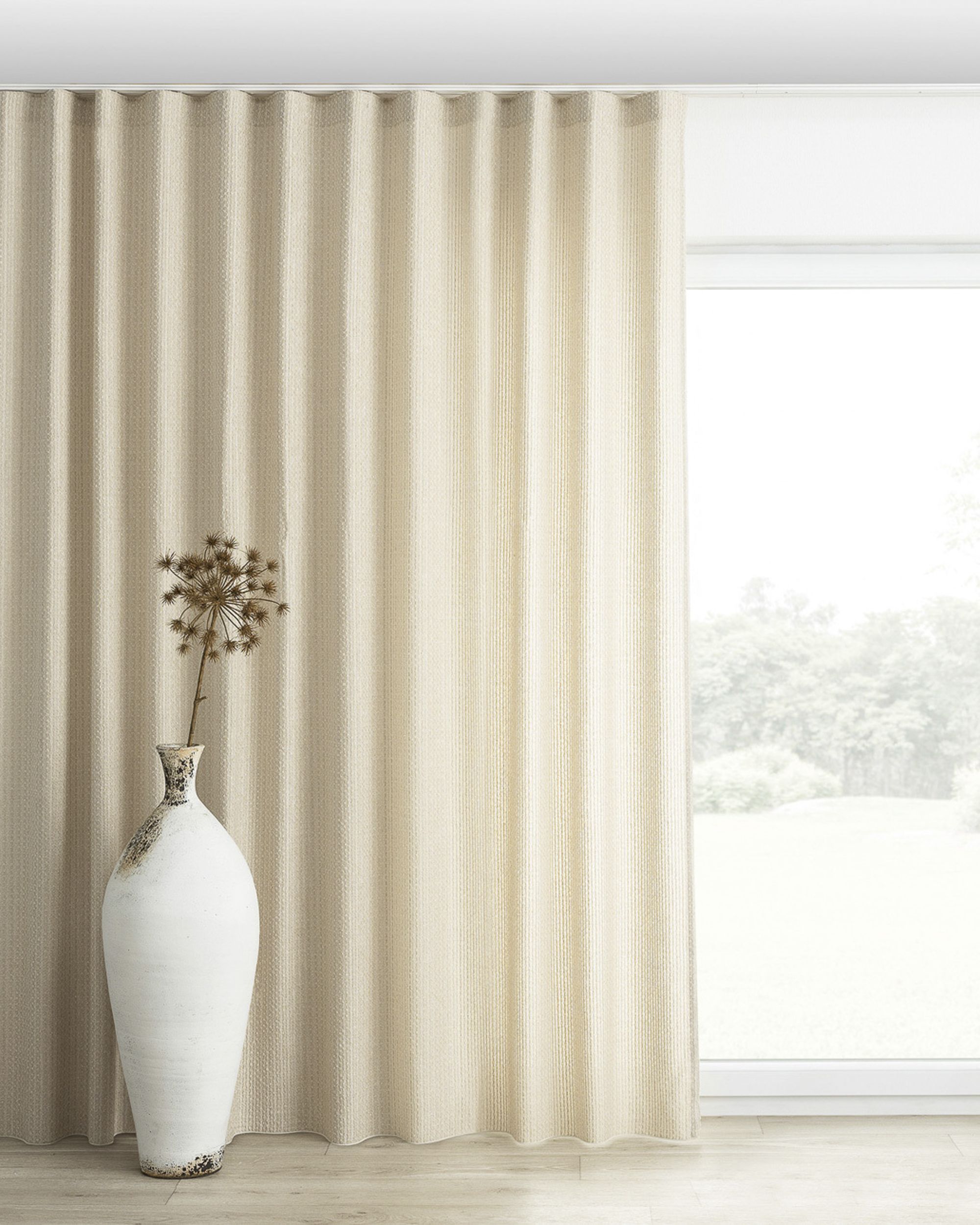 Golfgordijn kleur product beige stof met structuur