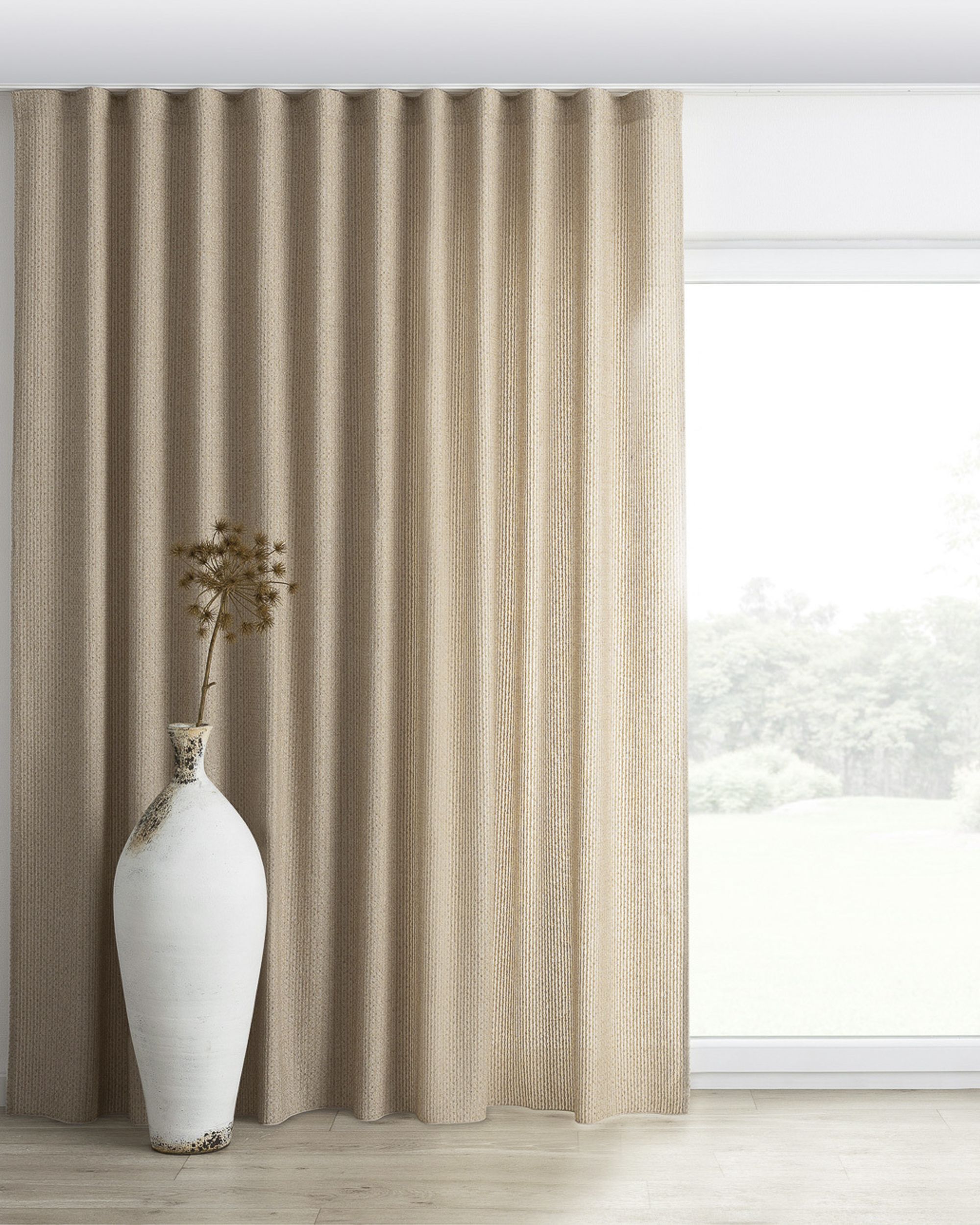 Golfgordijn kleur product beige stof met structuur