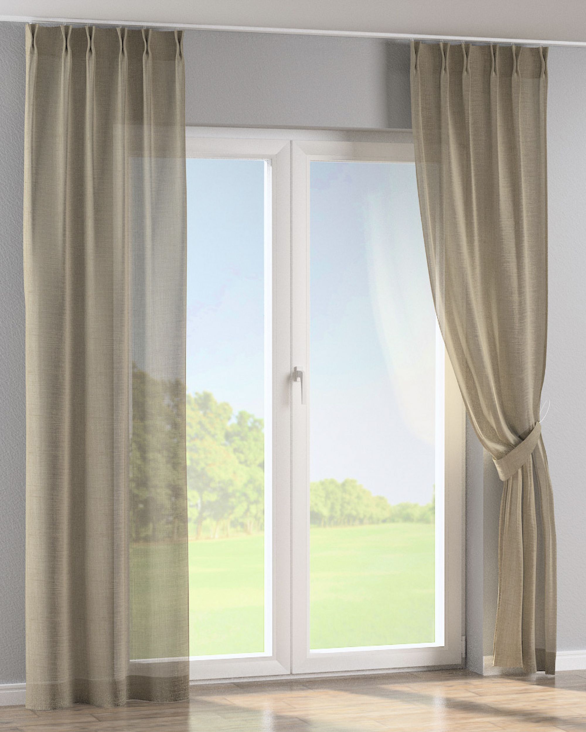 Gordijn met vlaamse plooi kleur product beige stof halftransparant, glanzend, met structuur (hover)