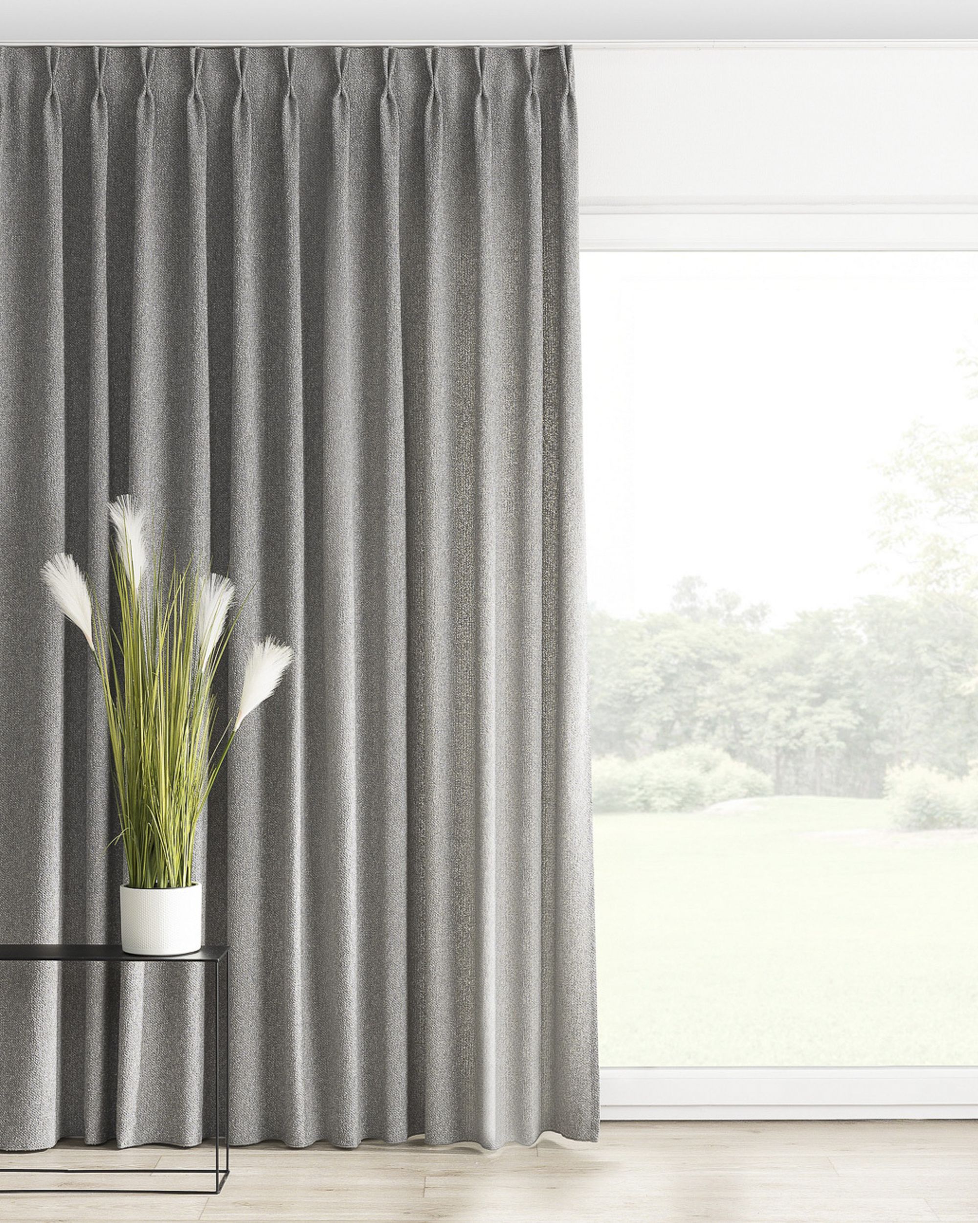 Gordijn met vlaamse plooi kleur product grijs stof met structuur