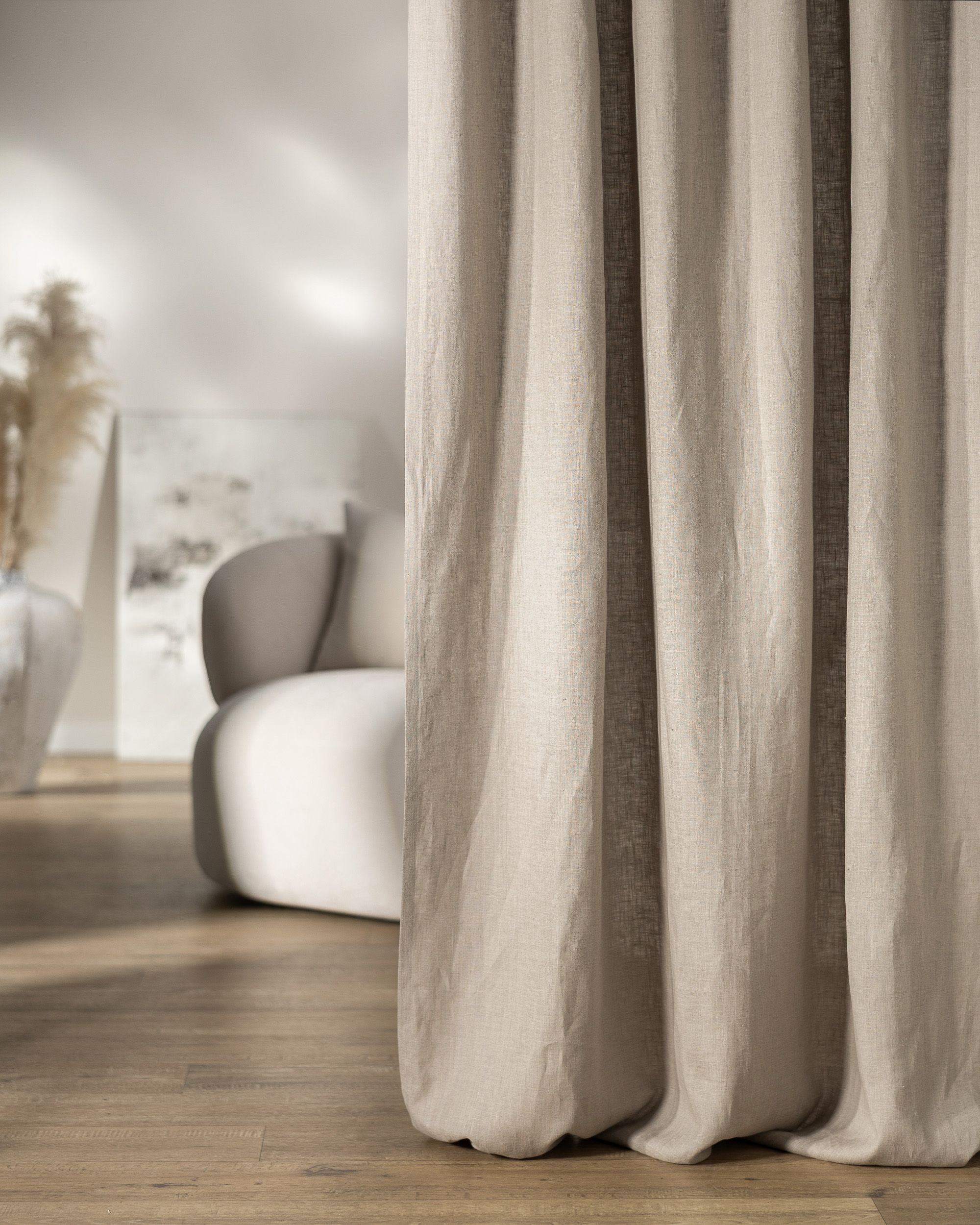 Gordijn met vlaamse plooi kleur product beige stof halftransparant, met structuur, linnen (hover)