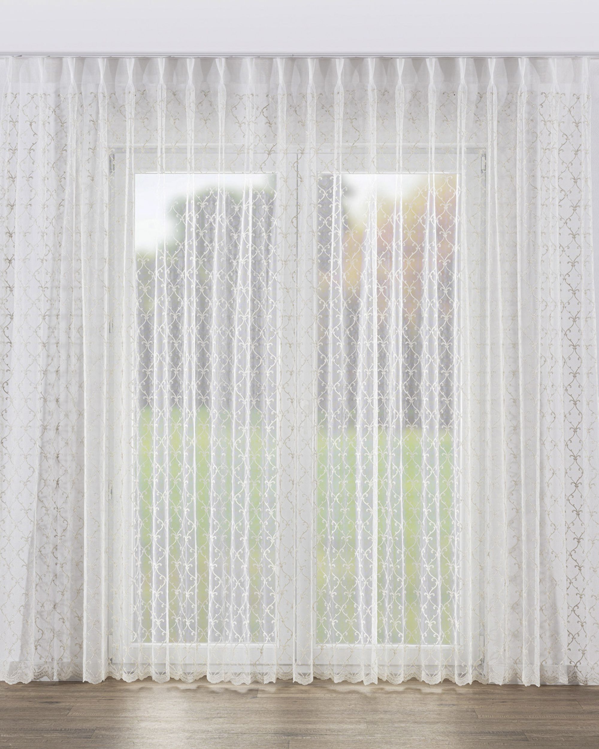 Vlinderplooi vitragegordijn kleur product crème stof halftransparant, glanzend, met structuur, met patroon