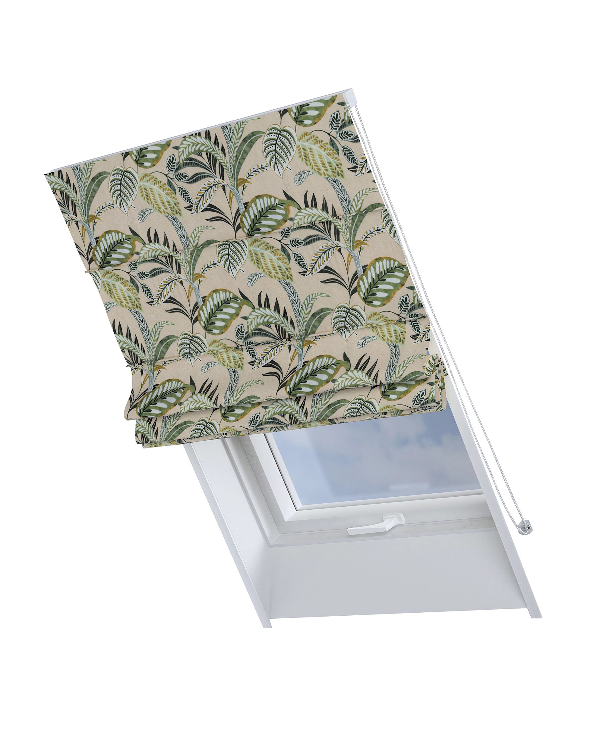Vouwgordijn Rimini voor een dakraam kleur product groen stof met patroon
