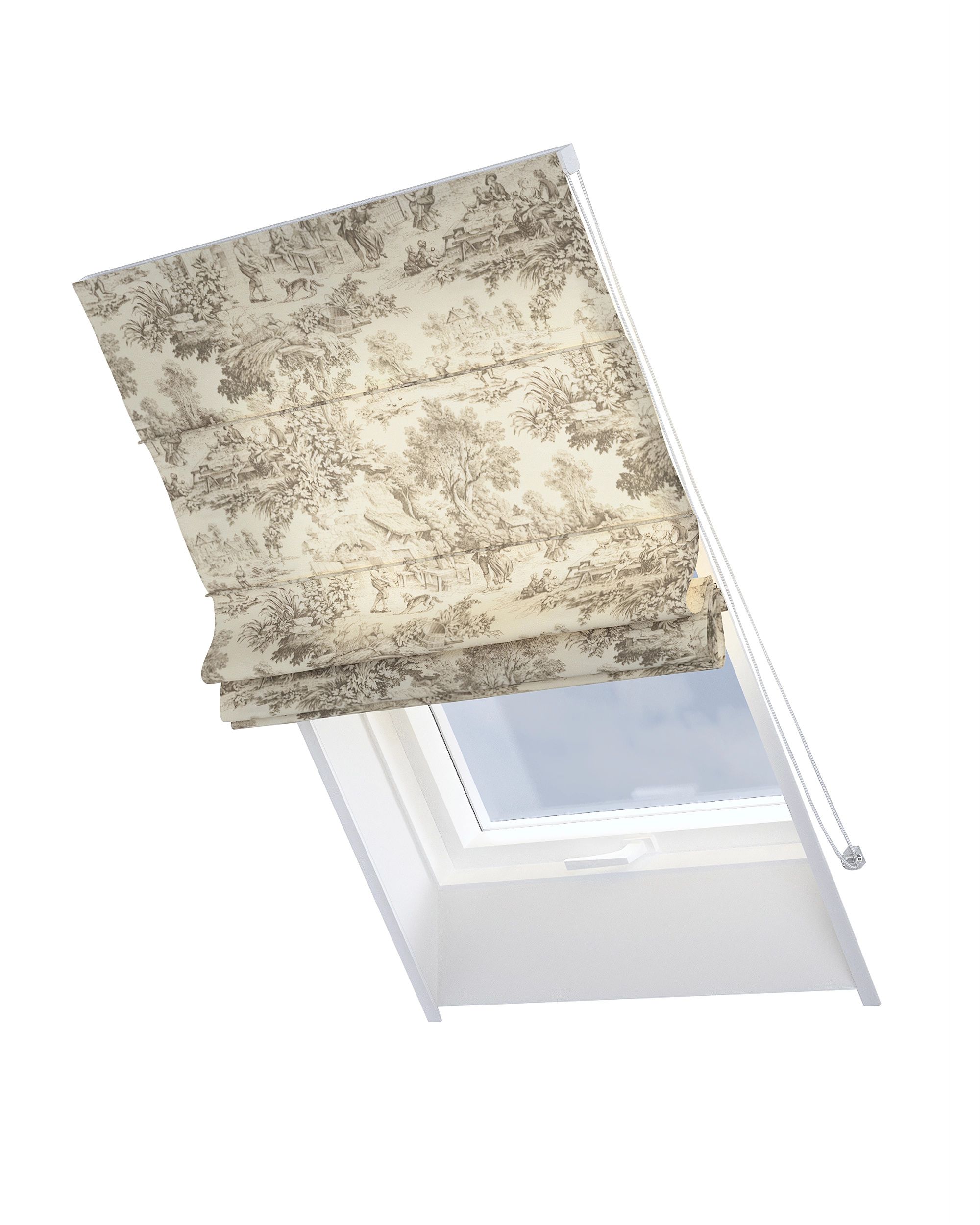 Vouwgordijn Rimini voor een dakraam kleur product bruin stof met patroon