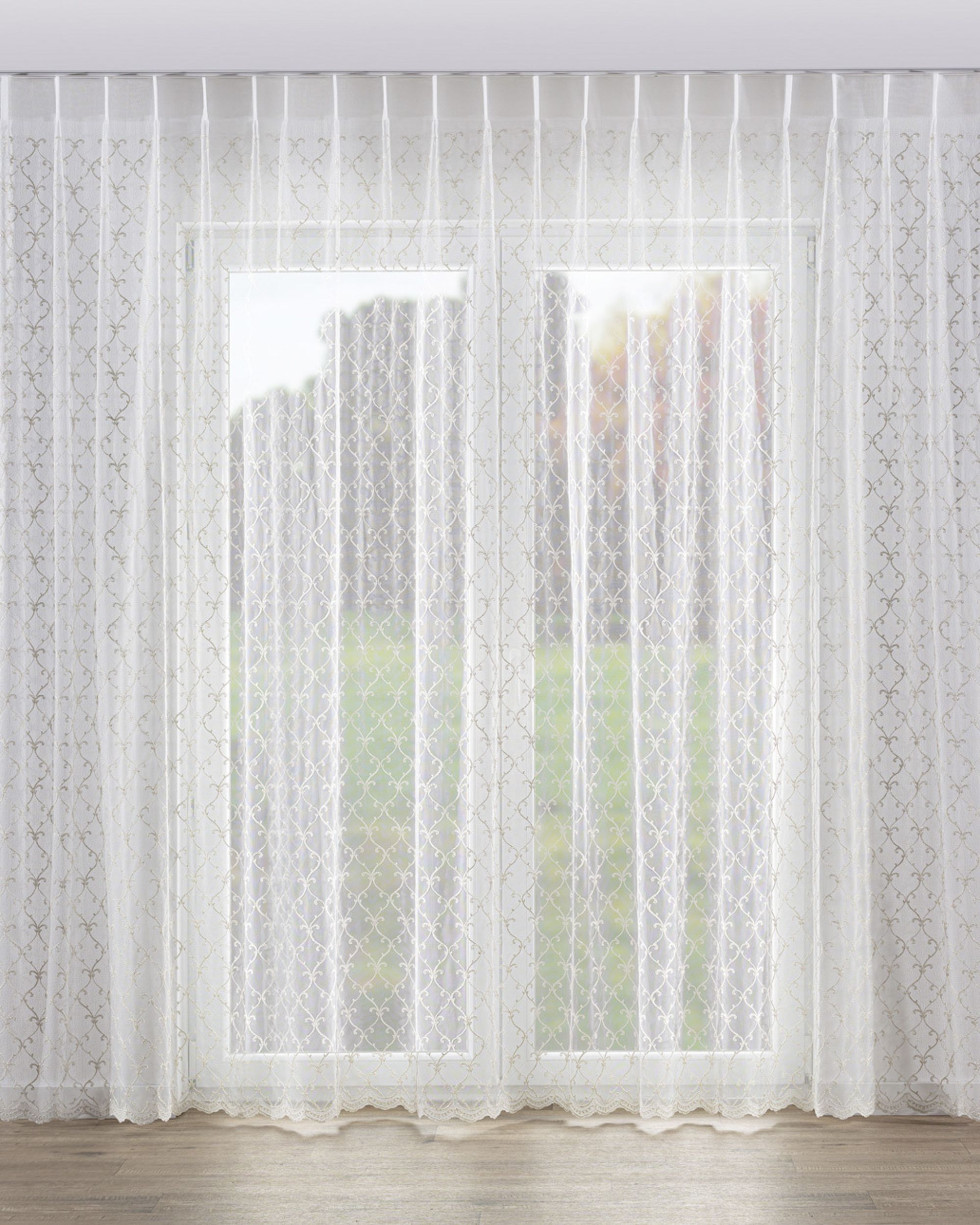 Vlinderplooi vitragegordijn kleur product crème stof halftransparant, glanzend, met structuur, met patroon