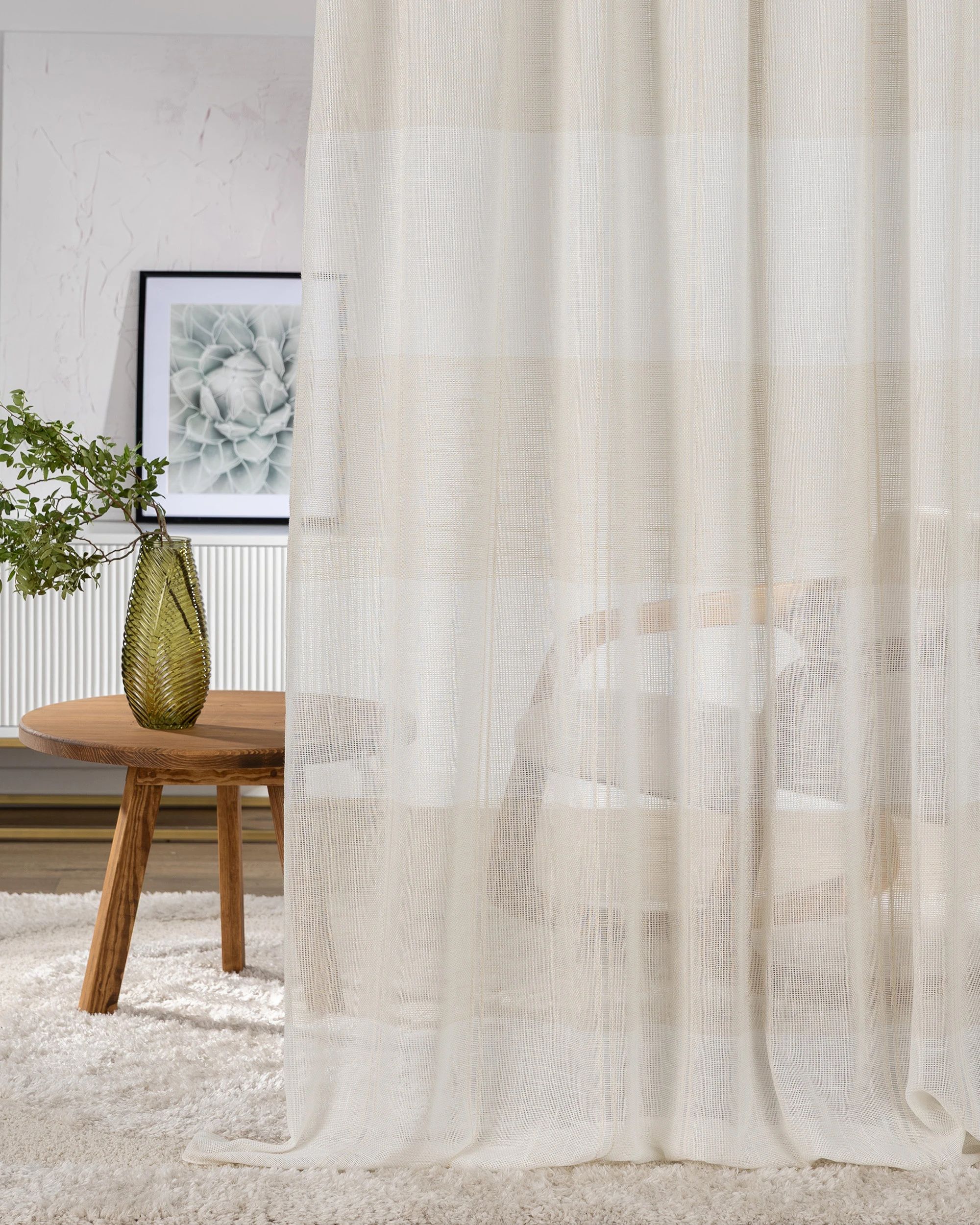 Gordijn met plooiband kleur product crème stof halftransparant, met structuur, met patroon (hover)