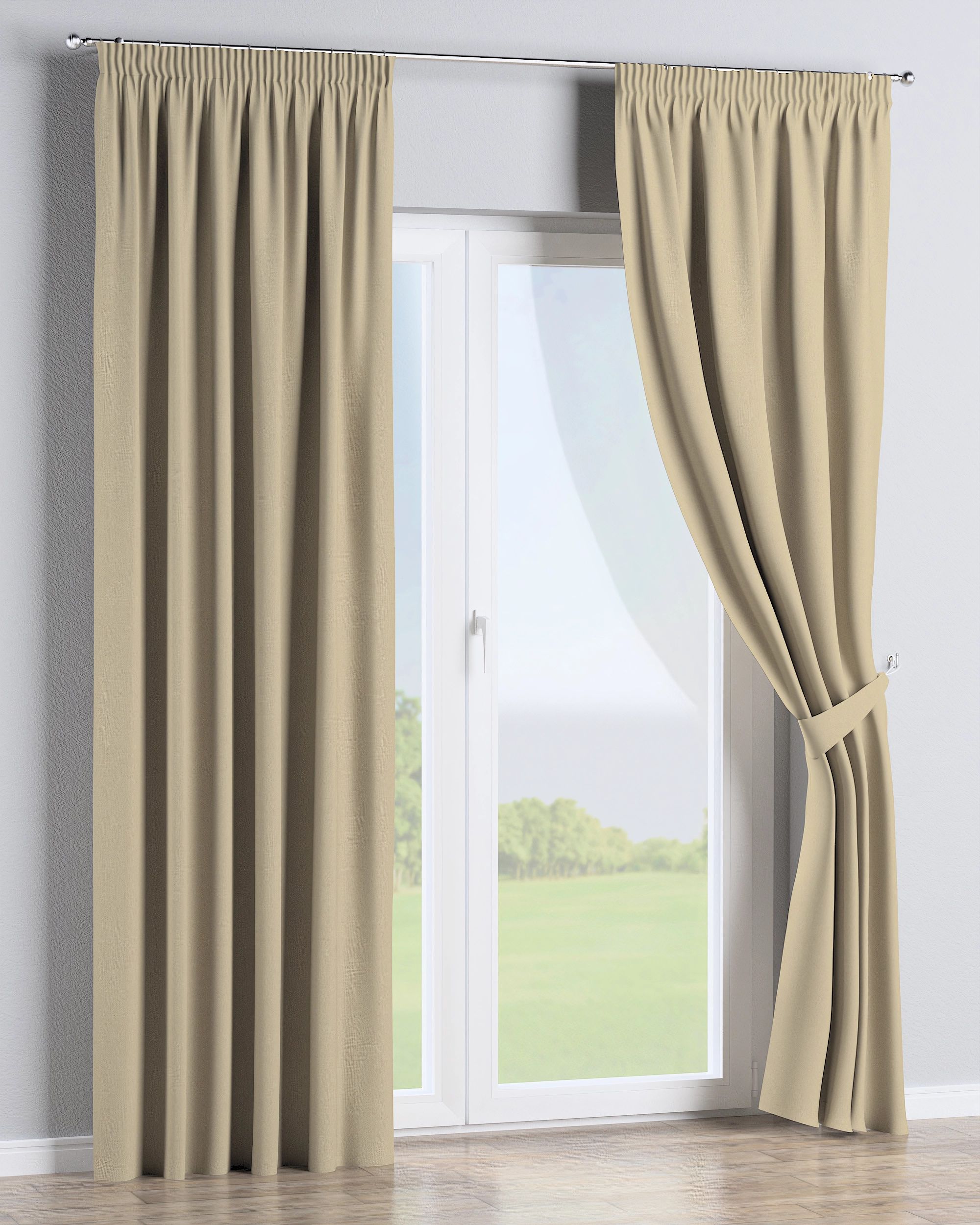 Gordijn met plooiband kleur product beige stof outdoor, met structuur (hover)