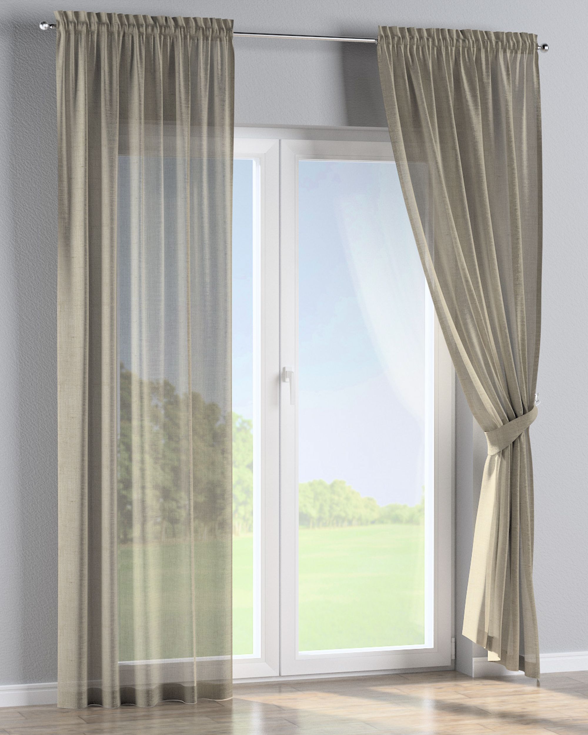 Gordijn met tunnel kleur product beige stof halftransparant, glanzend, met structuur (hover)