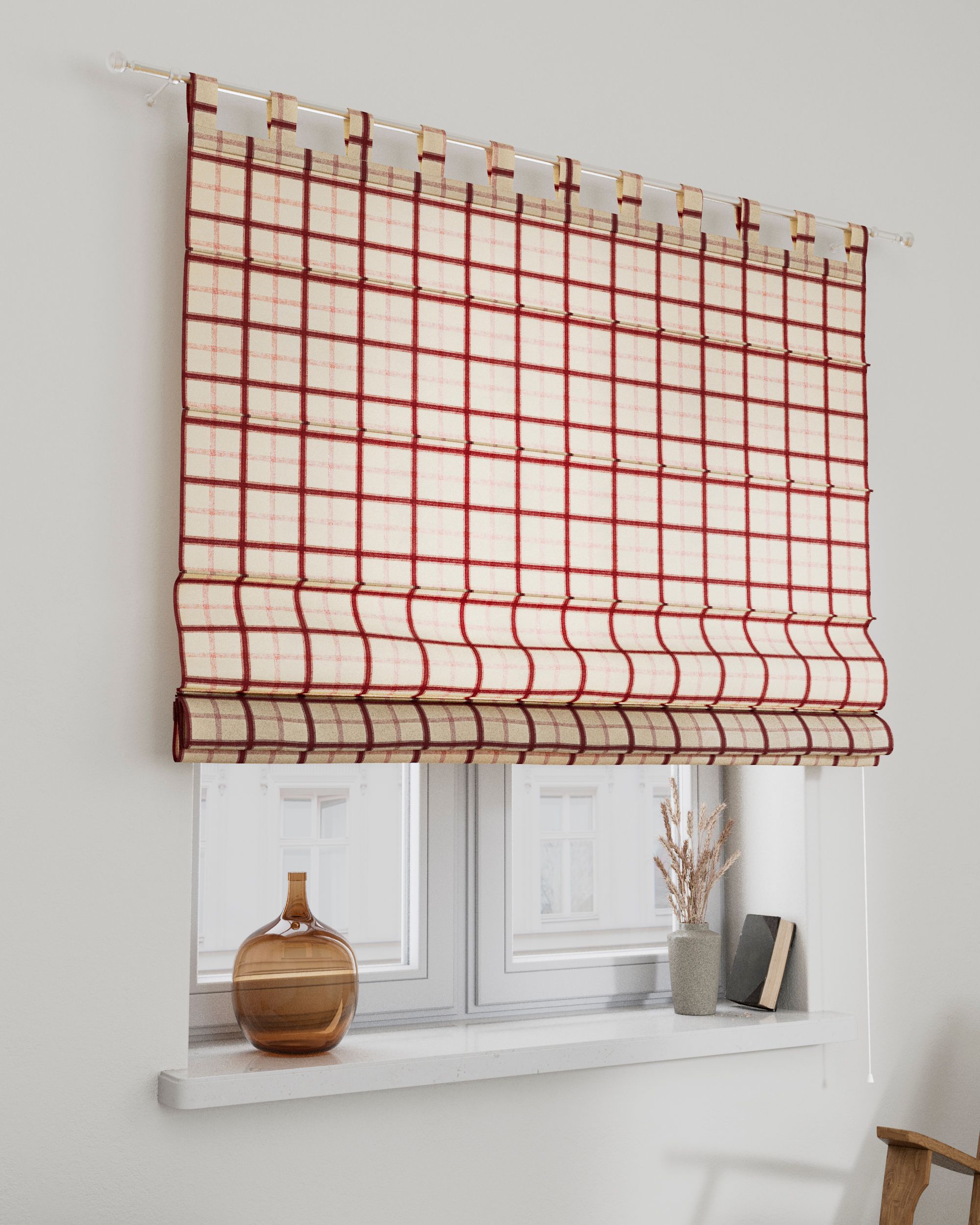 Vouwgordijn Verona kleur product rood stof met patroon