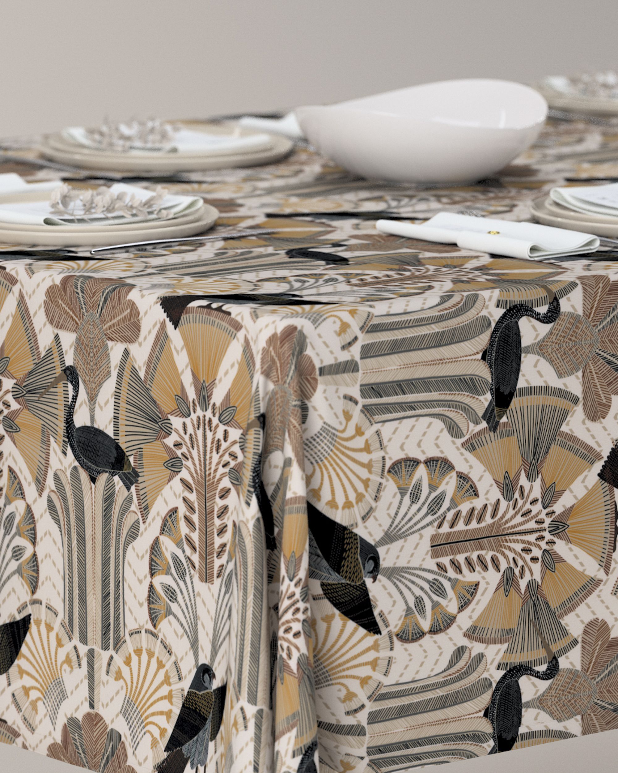 Rechthoekig tafelkleed kleur product bruin stof met patroon (hover)