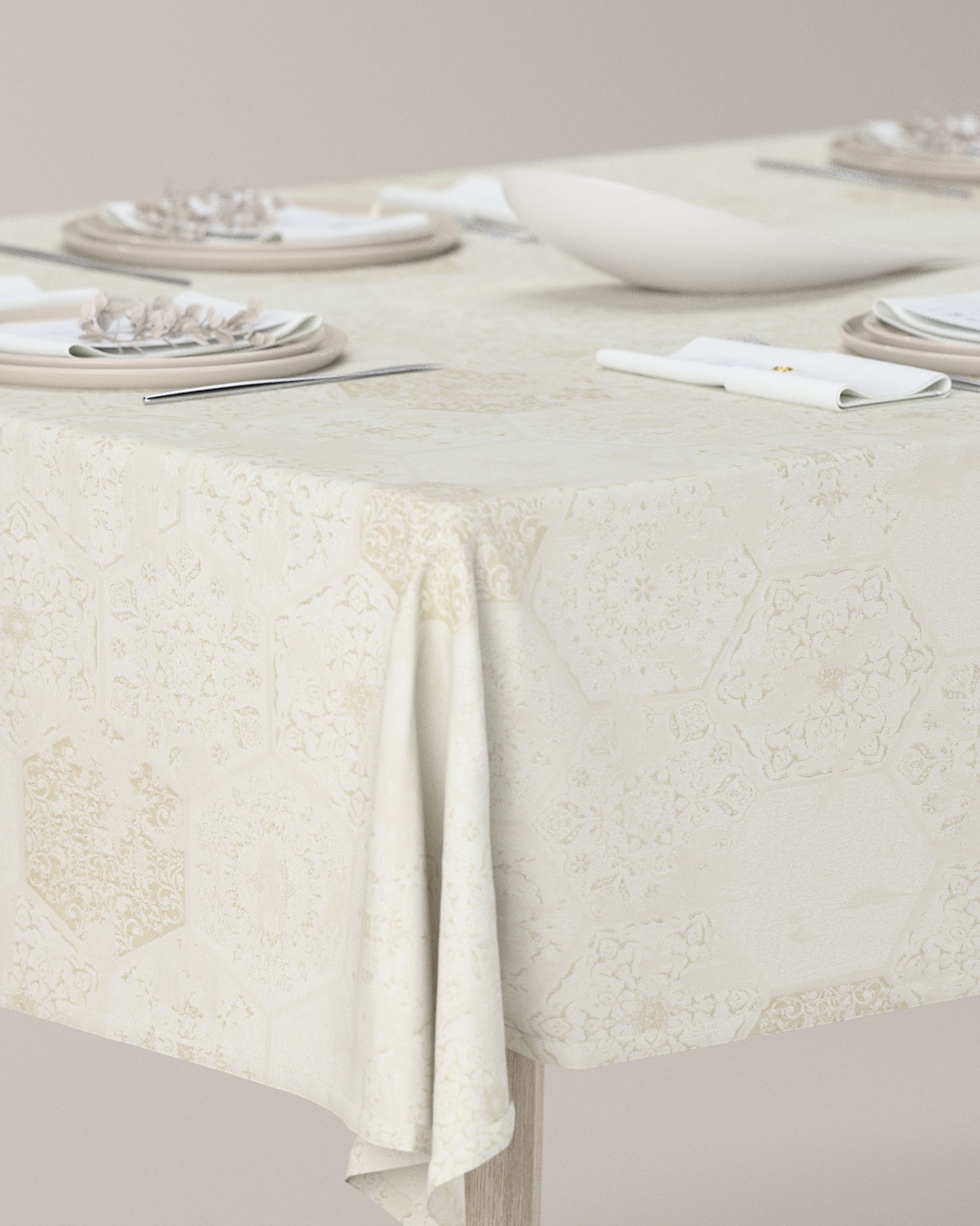 Rechthoekig tafelkleed kleur product crème stof glanzend, met structuur, met patroon (hover)