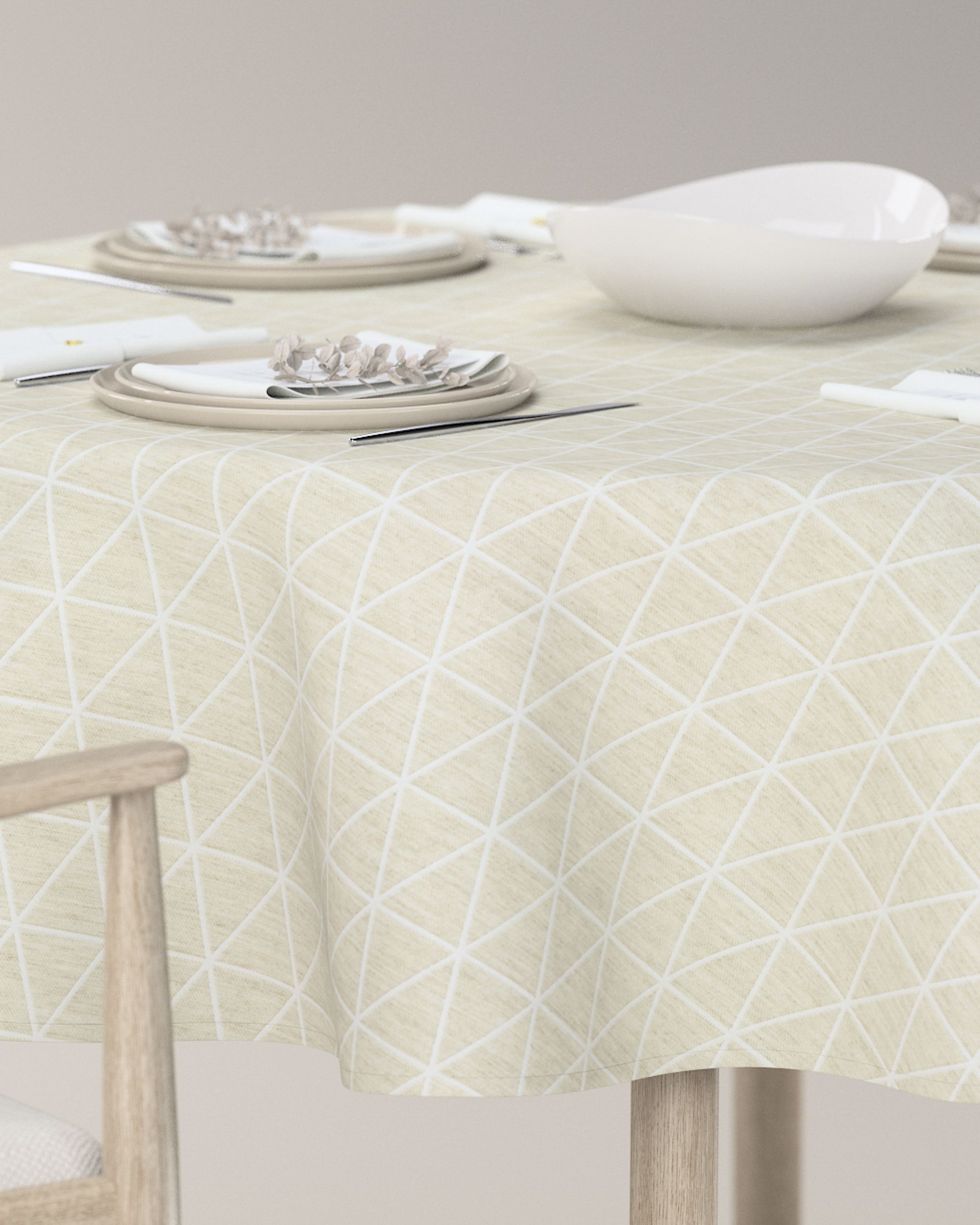 Rond tafelkleed kleur product beige stof met structuur, met patroon (hover)