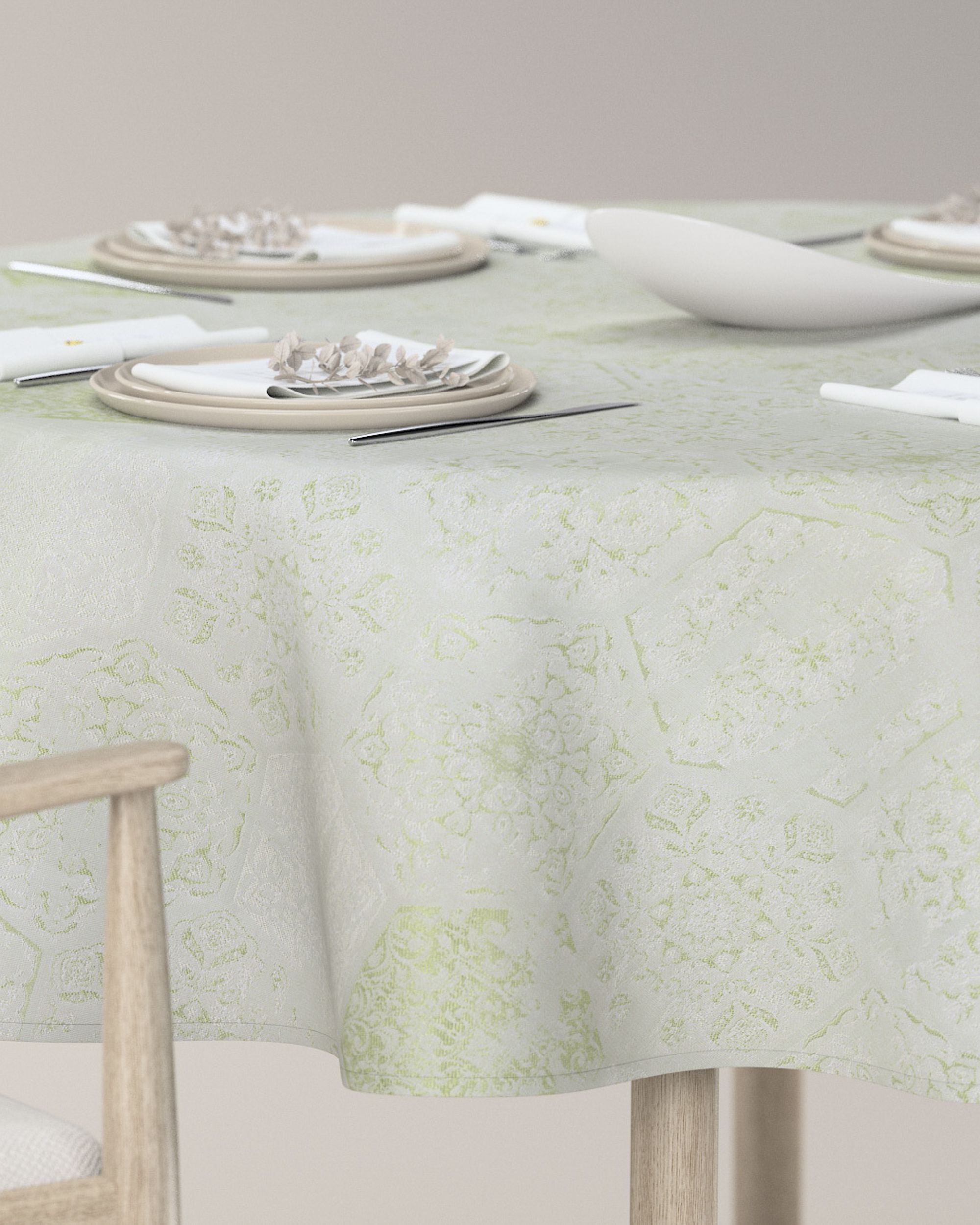 Rond tafelkleed kleur product groen stof glanzend, met structuur, met patroon (hover)