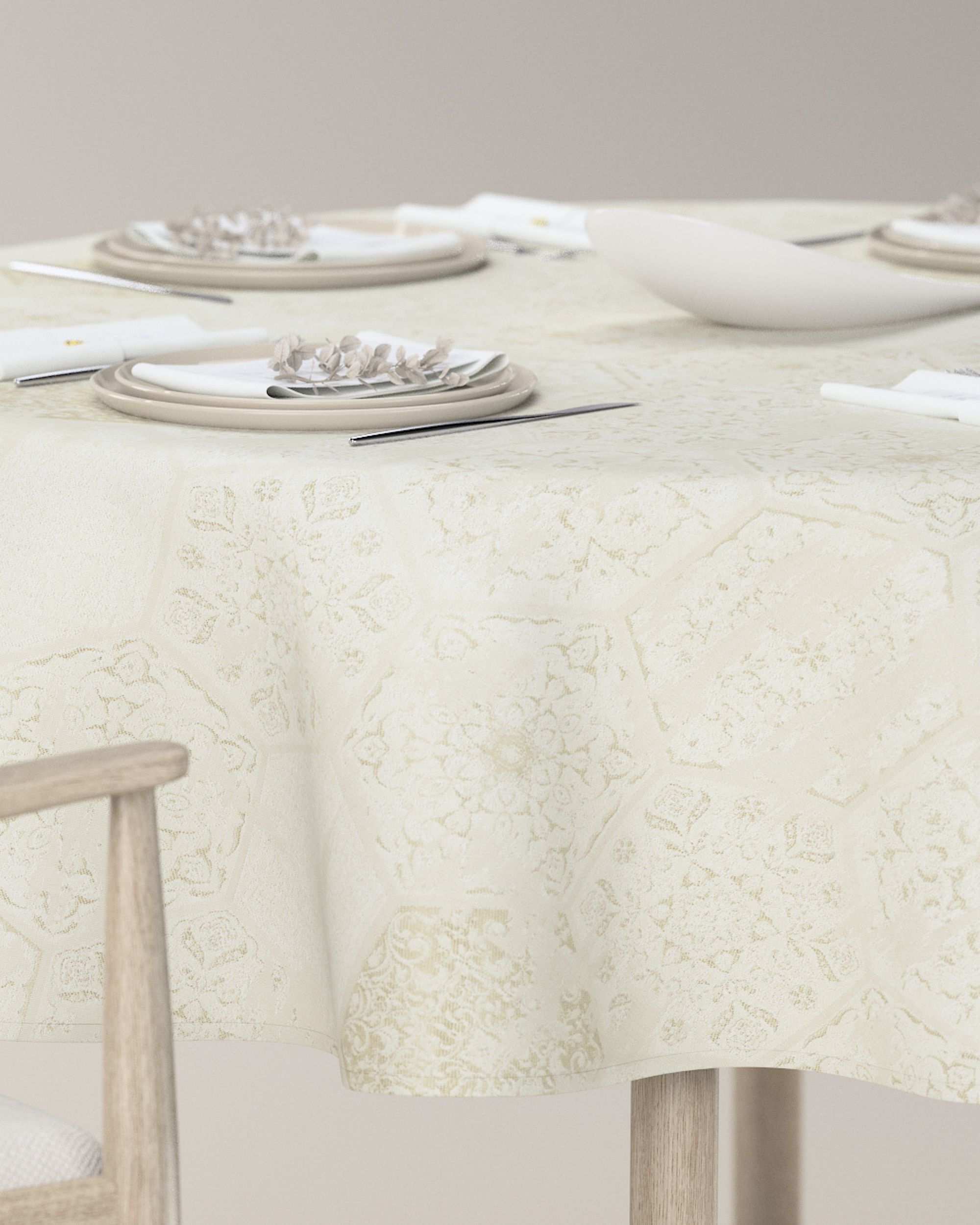 Rond tafelkleed kleur product crème stof glanzend, met structuur, met patroon (hover)