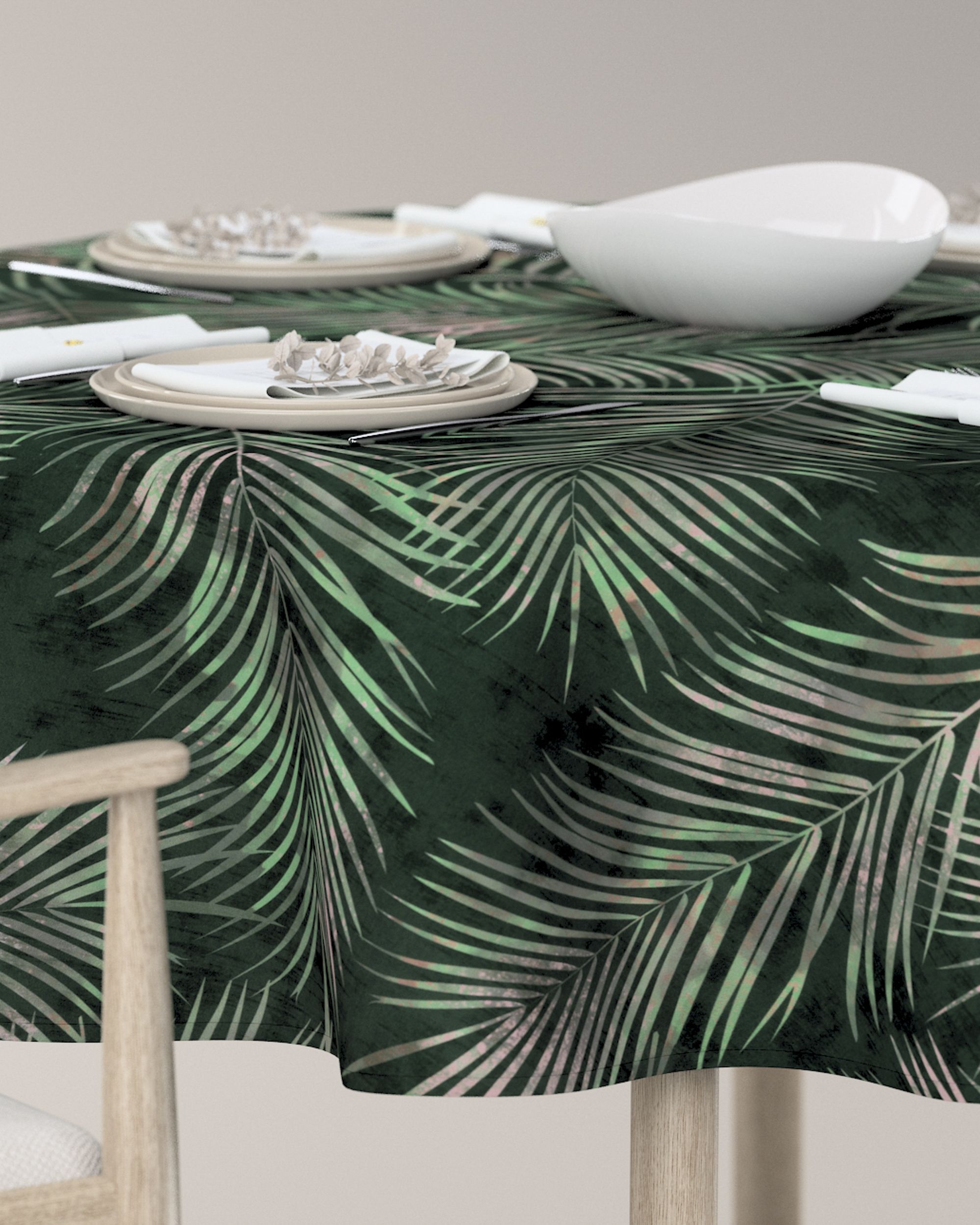 Rond tafelkleed kleur product groen stof fluweel, met patroon (hover)