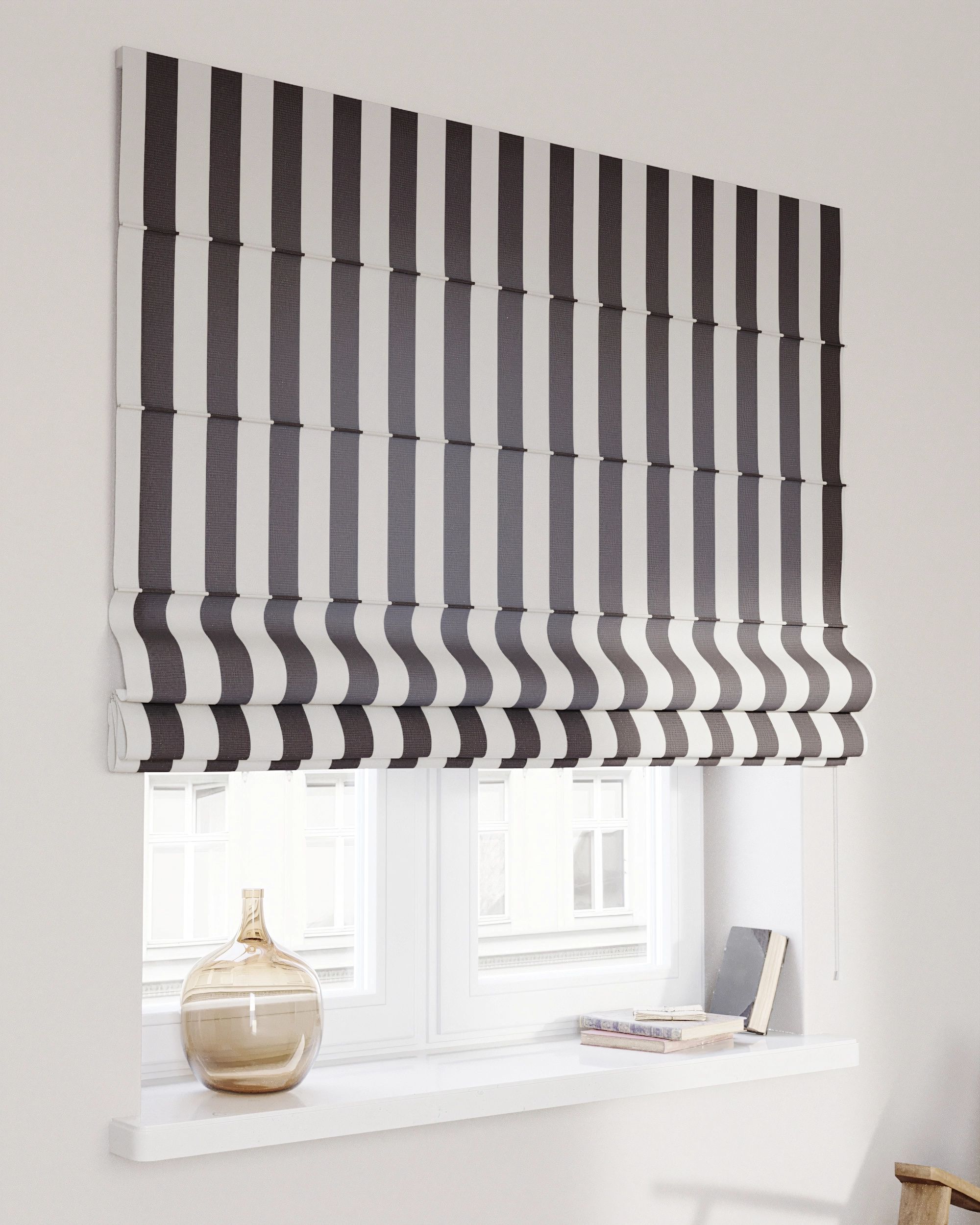 Vouwgordijn Capri kleur product zwart stof met patroon