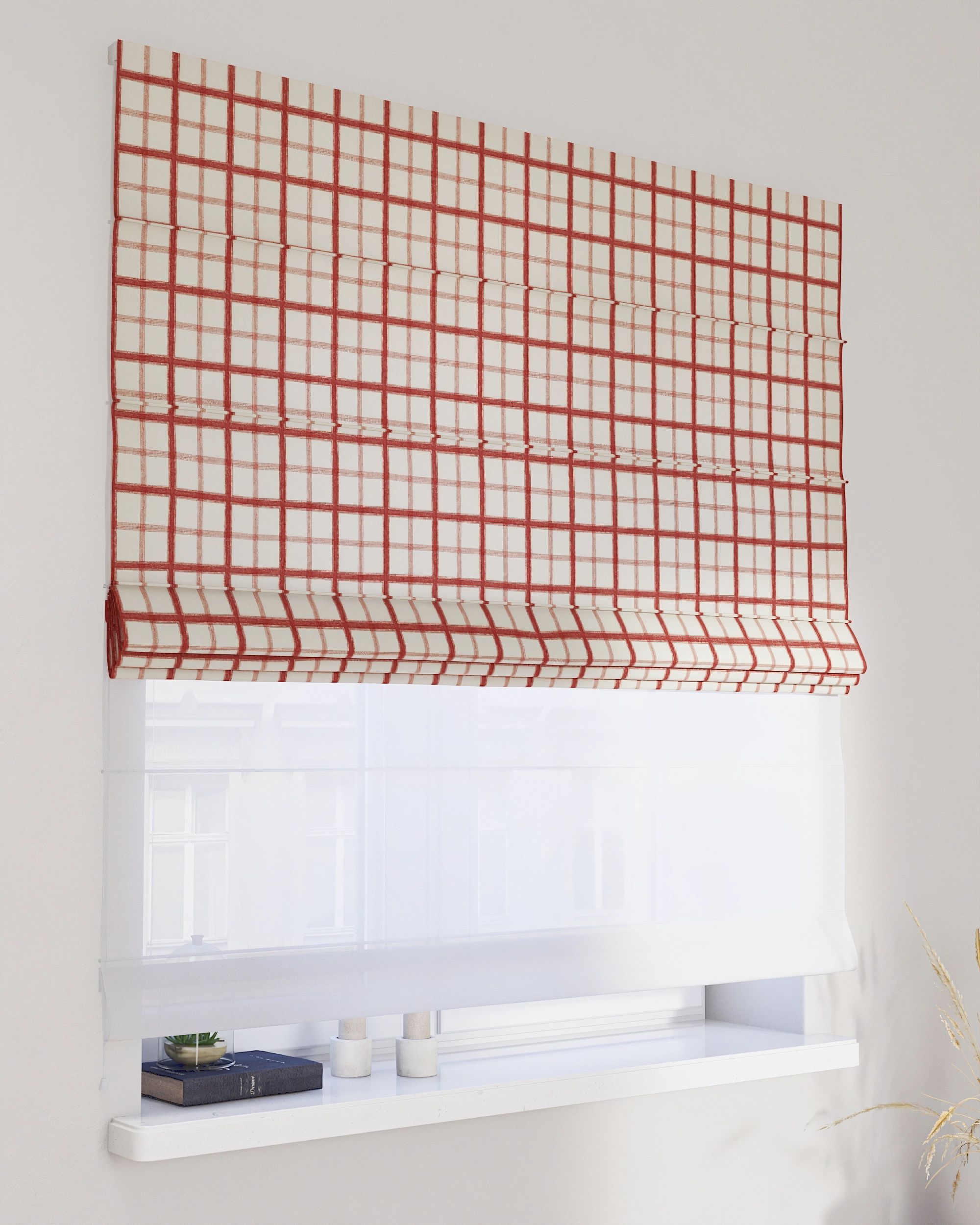 Vouwgordijn Duo kleur product rood stof met patroon