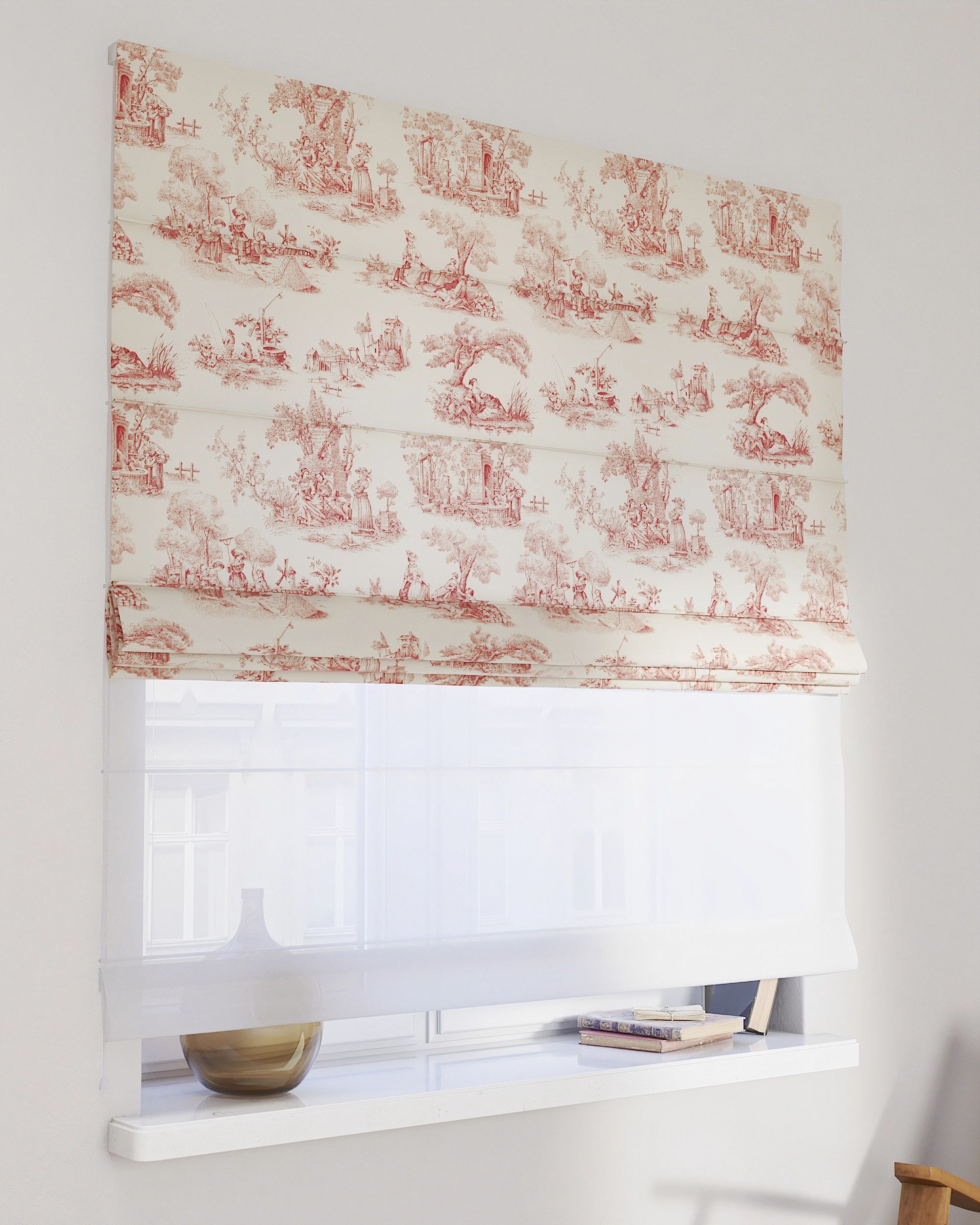 Vouwgordijn Duo kleur product rood stof met patroon