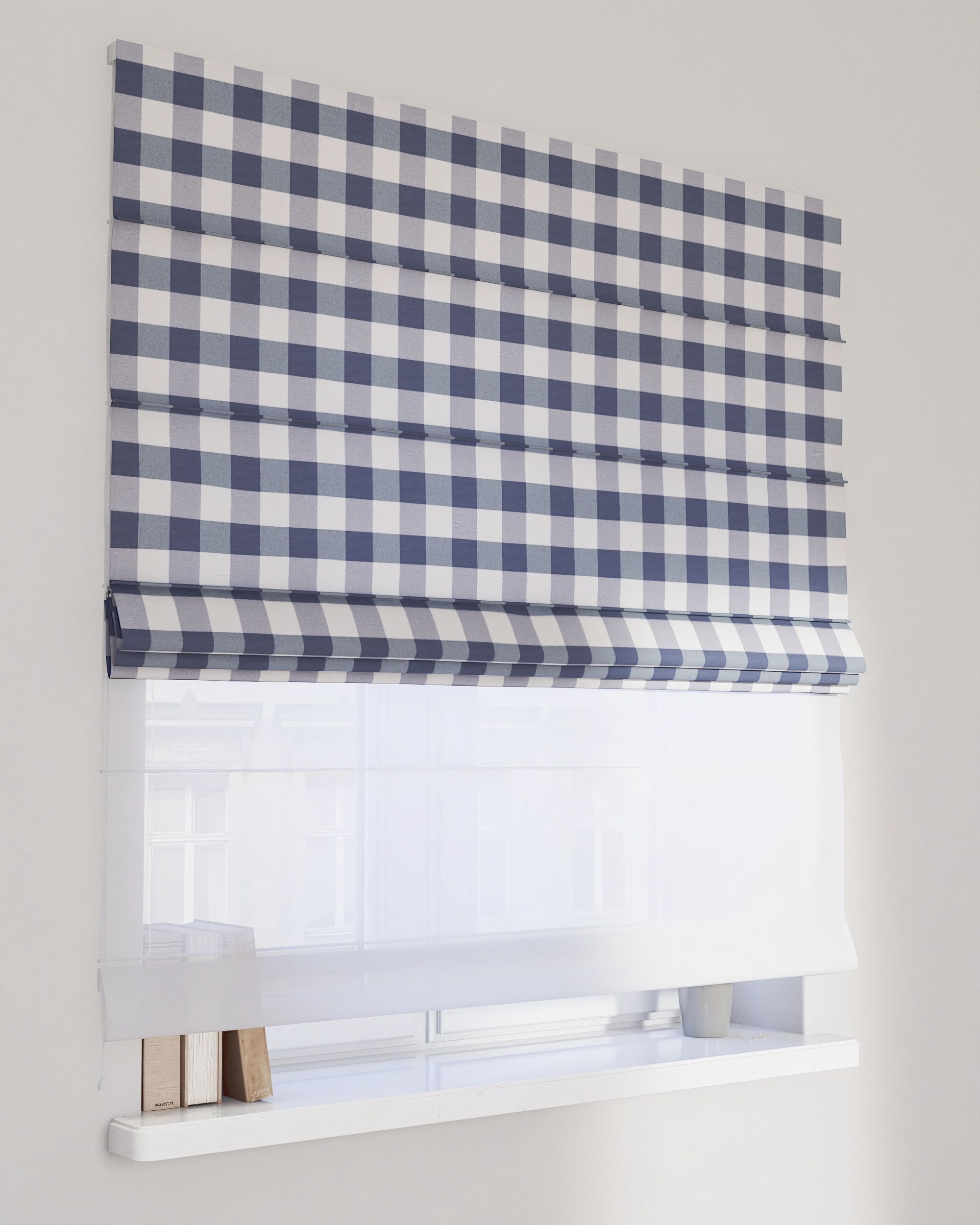 Vouwgordijn Duo kleur product donkerblauw stof met patroon