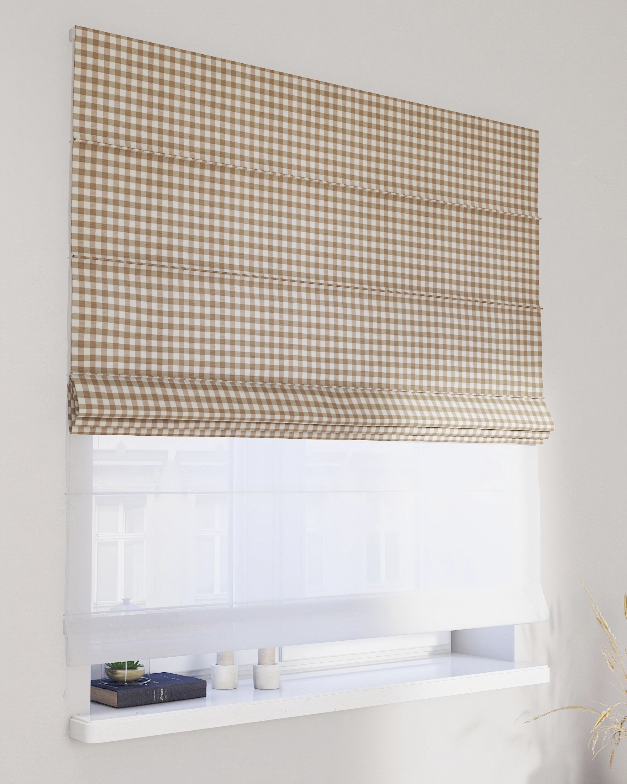 Vouwgordijn Duo kleur product beige stof met patroon