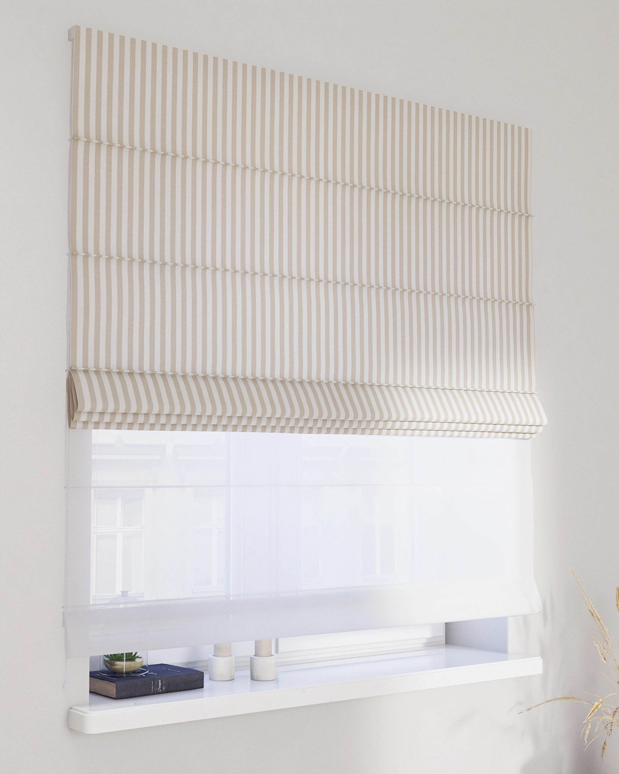 Vouwgordijn Duo kleur product beige stof met patroon