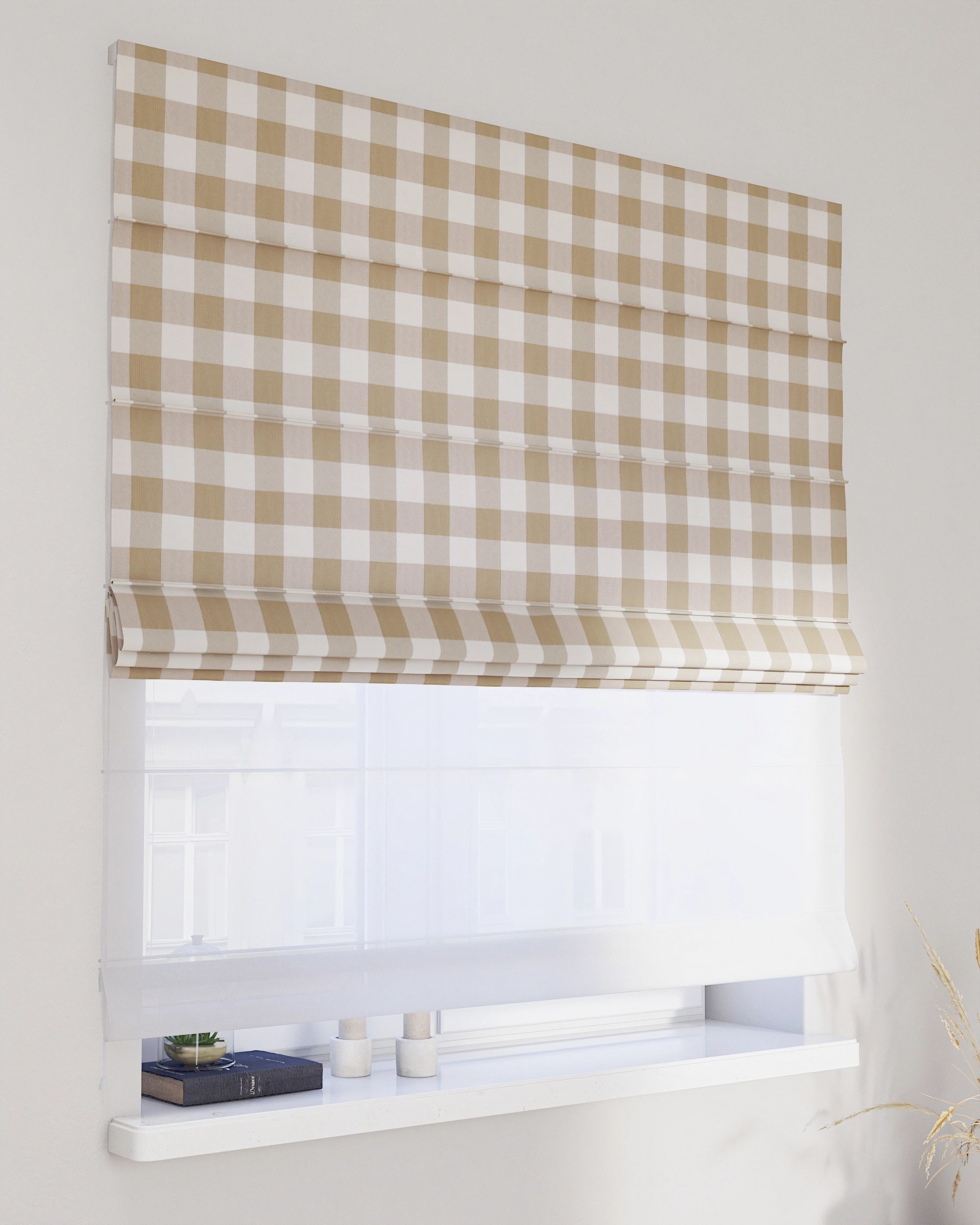 Vouwgordijn Duo kleur product beige stof met patroon