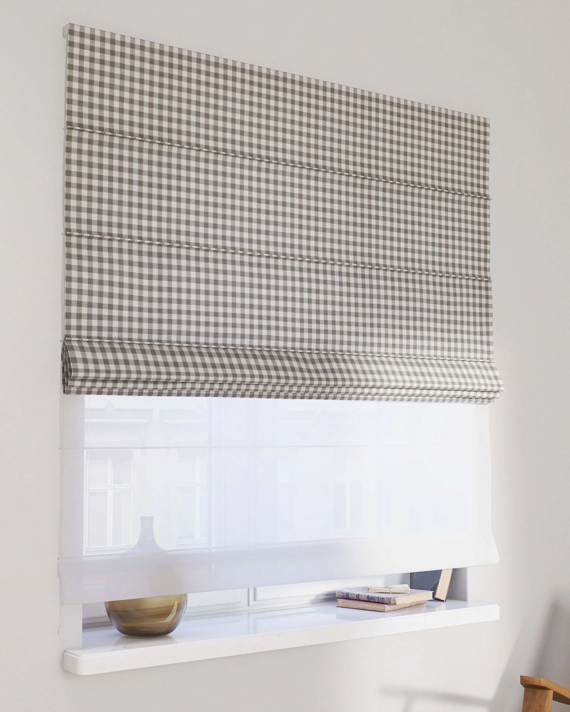 Vouwgordijn Duo kleur product grijs stof met patroon