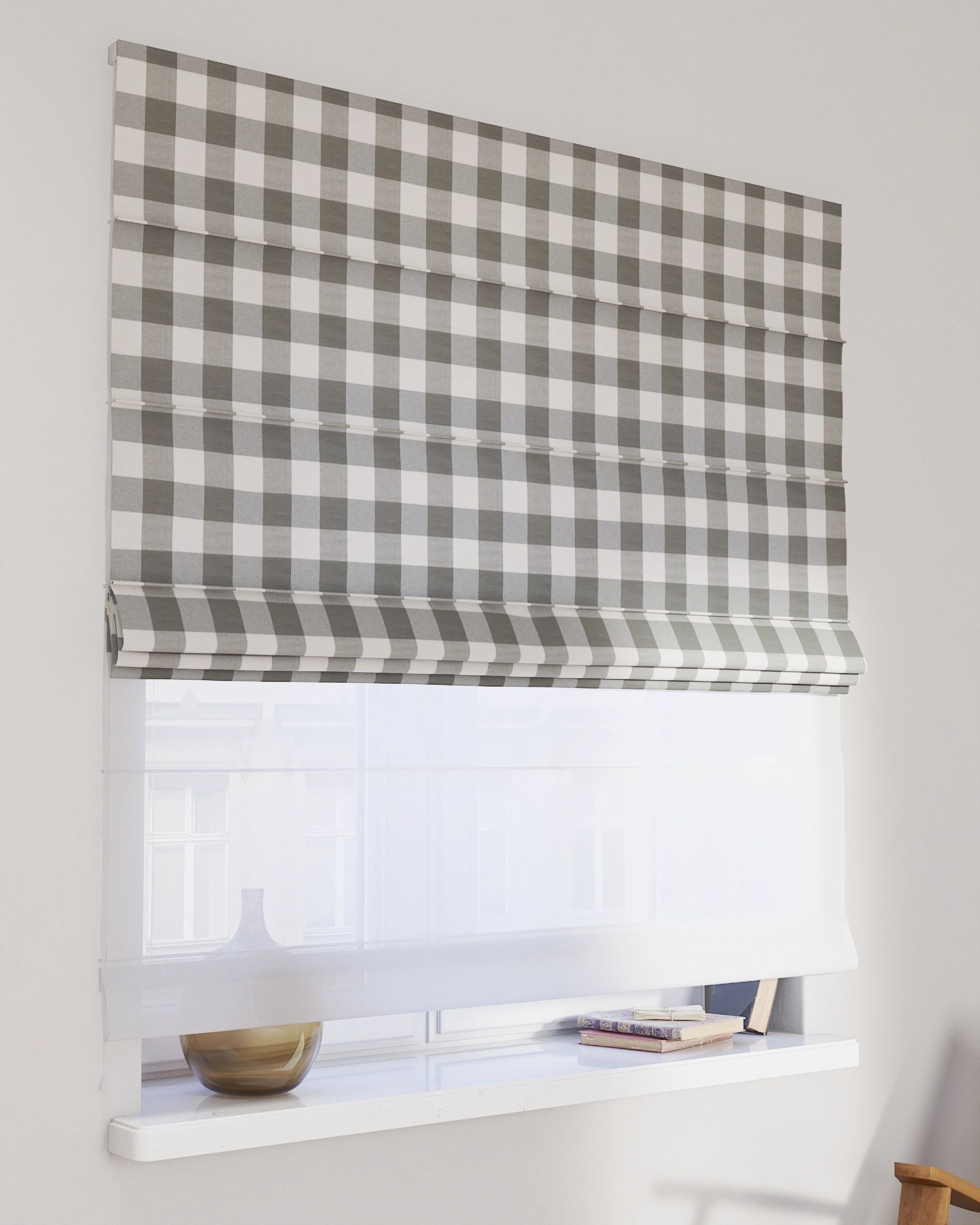 Vouwgordijn Duo kleur product grijs stof met patroon