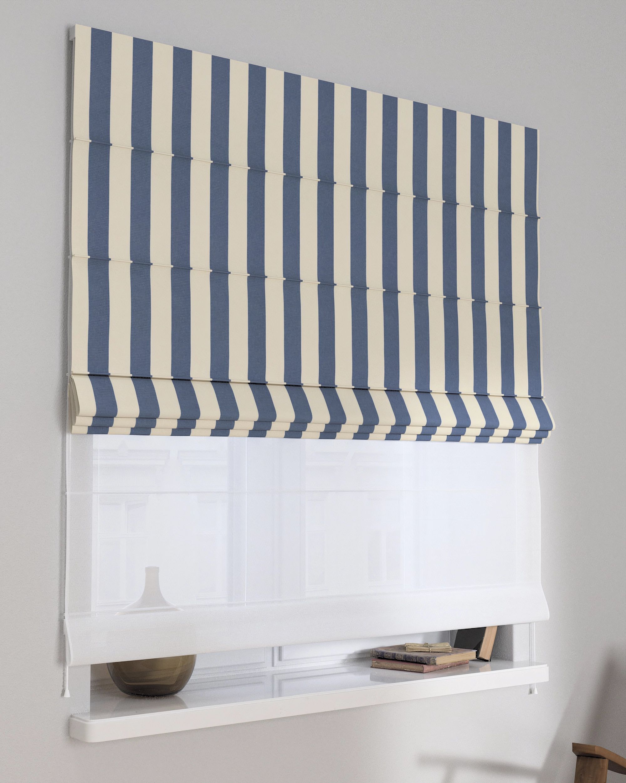 Vouwgordijn Duo kleur product blauw stof met patroon