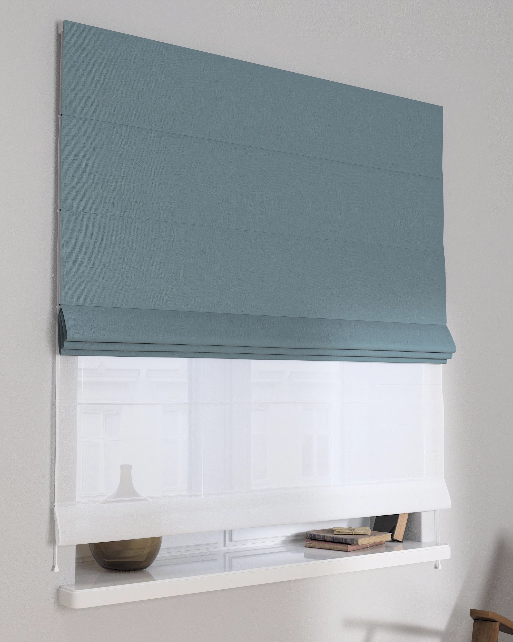 Vouwgordijn Duo kleur product blauw stof met structuur, verduisterend