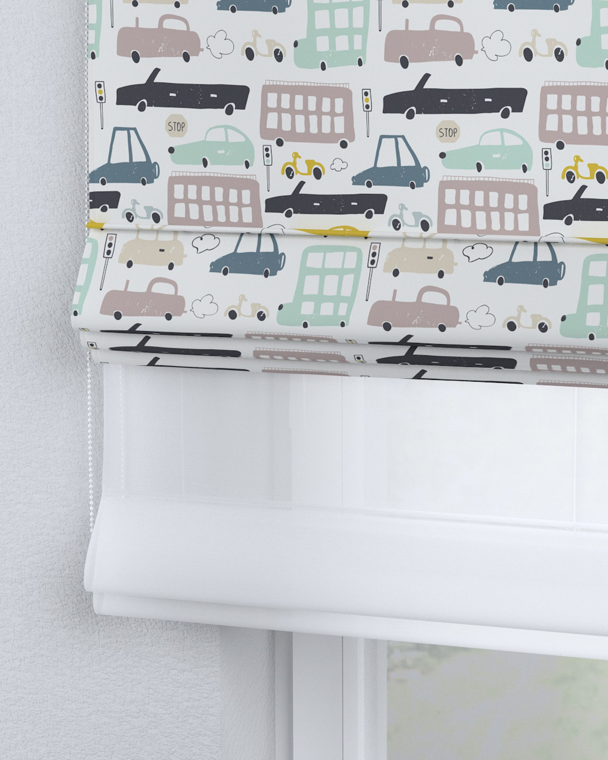 Vouwgordijn Duo kleur product beige stof met patroon (hover)