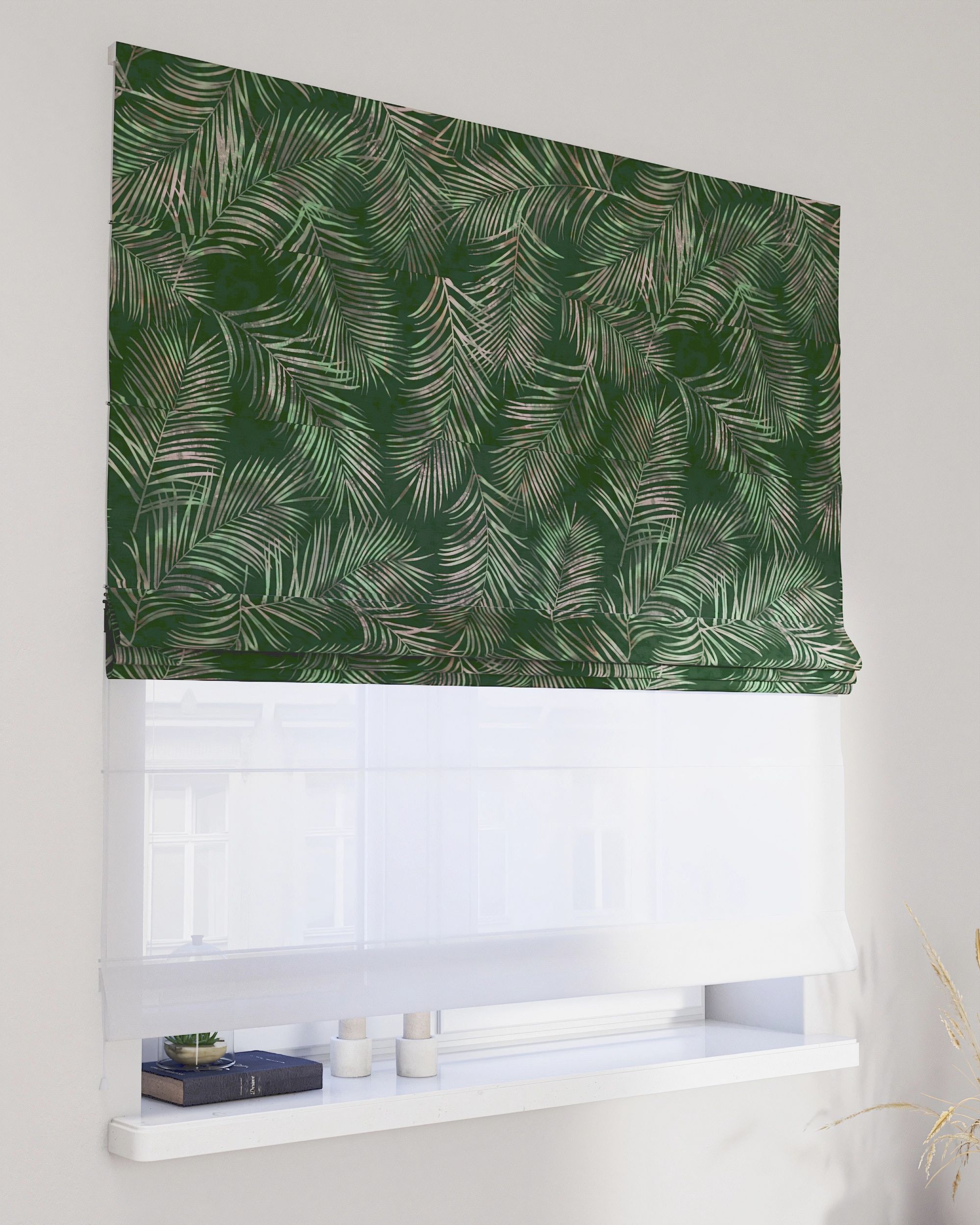 Vouwgordijn Duo kleur product groen stof fluweel, met patroon