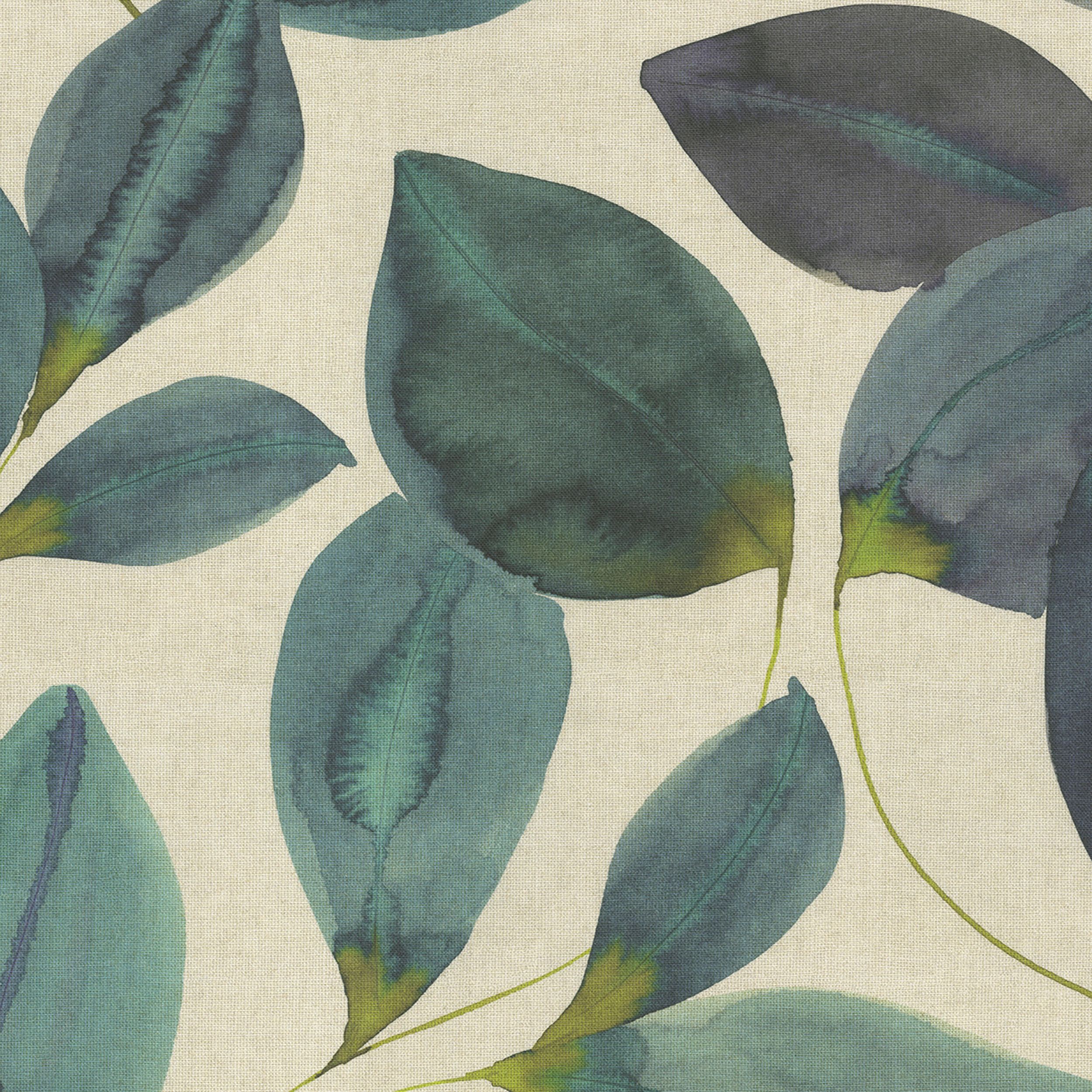 Gardenia 143-15 smaragdgroen blad met violet op linnen ondergrond